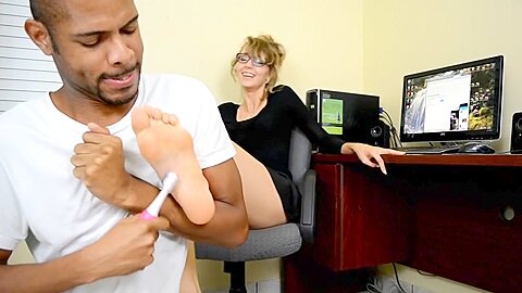 Cute Black Guy Tickles A Sexy Office Ladys Delicious Feet With A Toothbrush