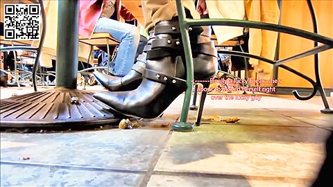 Kinky Amateur Babe In Sexy Black Boots Does Some Foot Crushing In Public