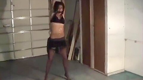 Ebony Beauty, Drooling Ballgag, Is Cuffed To Ceiling