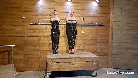Sandra Cat Ami Boomer 2 :: Latex bondage scene with dominant woman fucking two submissives